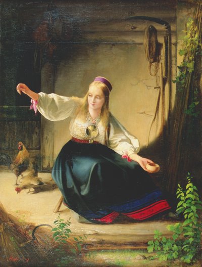 Una Chica Alimentando Gallinas, 1839 de Carl Timoleon von Neff