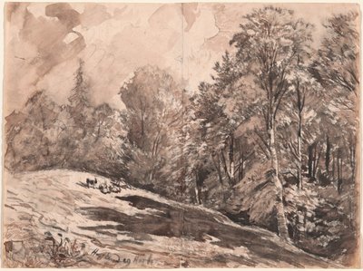 Un prado con un pastor y cabras al borde de un bosque de Carl Wagner
