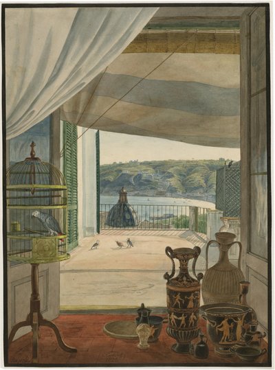 Antigüedades junto a un Balcón con Vista al Golfo de Nápoles de Carl Wilhelm Götzloff