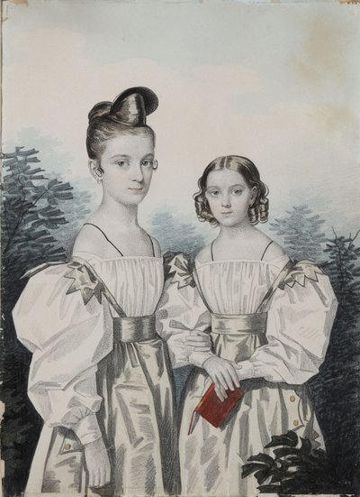 Retrato de las hermanas Anna Petrovna 1822-1905 y Elena Petrovna 1824-1860 Ushakov, 1830s de Carl von Hampeln