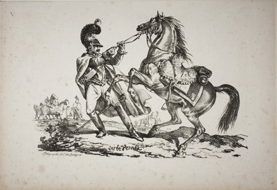 Coracero a pie sujetando su caballo encabritado de Carle Vernet