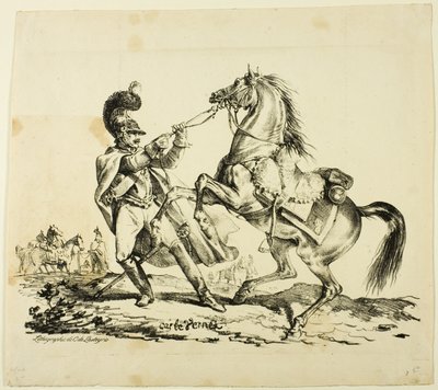 Coracero a pie sujetando su caballo encabritado de Carle Vernet