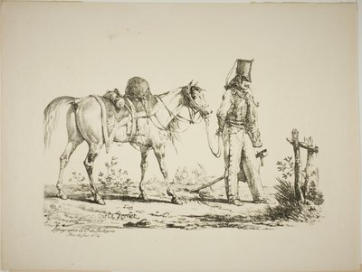 Húsar caminando frente a su caballo, fumando una pipa de Carle Vernet