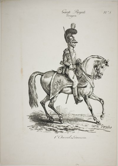 Guardia Real, Dragón Montado Normando y Caballo, No. 5, Primer Caballo de Limoges de Carle Vernet