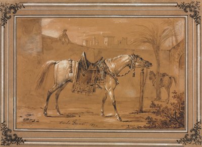 Caballo árabe ensillado en el patio de Carle Vernet