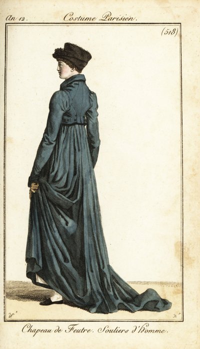 Mujer con sombrero de fieltro, abrigo largo de montar, zapatillas de hombre, París de Carle Vernet