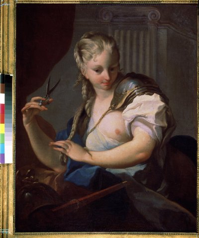 Juana de Arco (1412-1431) cortando su trenza con unas tijeras (Juana de Arco). Pintura de Carle Van Loo (1705-1765). Óleo sobre lienzo, 94,5 x 73 cm de Carle van Loo