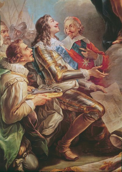 Luis XIII (1601-43) dedicando la Iglesia de Notre-Dame-des-Victoires a la Virgen en 1629, detalle de Luis XIII y el Cardenal Richelieu (1581-1642) 1748-53 de Carle van Loo
