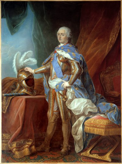 Retrato de cuerpo entero de Luis XV, en armadura, con la mano sobre un yelmo. Pintura de Carle Van Loo de Carle van Loo