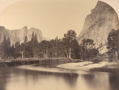 Vista del río, valle abajo, Cathedral Rock a la izquierda, 1861, Yosemite de Carleton Emmons Watkins