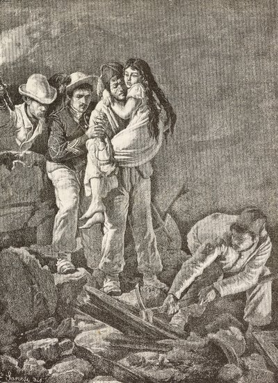 Rescate de una niña tras el derrumbamiento de su casa, terremoto de Casamicciola, Italia, grabado a partir de un dibujo de E. Sanesi y una pintura de Carlo Ademollo (1824-1911), de L