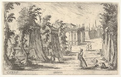Vista con un hombre con turbante y un león de pie a la derecha, tiendas y arquitectura clásica de Carlo Antonio Buffagnotti