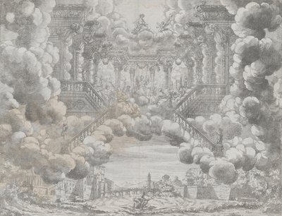 Diseño escénico con figuras alegóricas en una escalera, de 