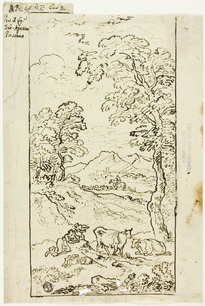 Paisaje montañoso con vacas y pastores en primer plano de Carlo Antonio Tavella