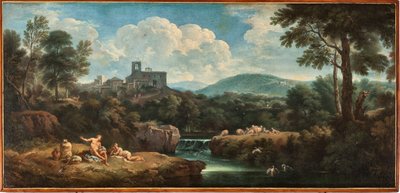 Paisaje con río, trabajadores vestidos a la antigua y un pueblo de Carlo Antonio Tavella