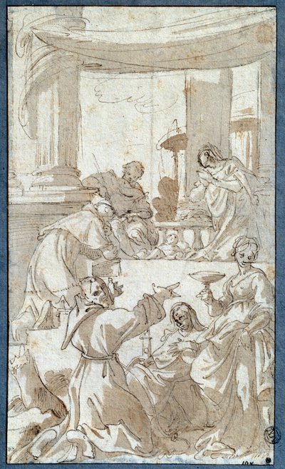 La Sagrada Familia adorada por los Santos Carlos Borromeo, Francisco de Asís, Clara de Asís y Lucía de Carlo Bononi