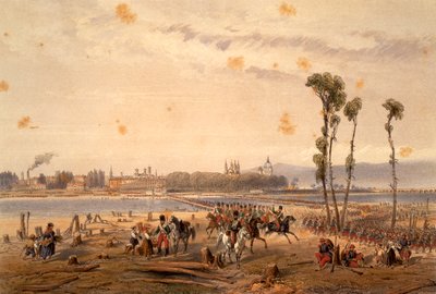 Los franceses pasando el Sesia en Vercelli en 1859, por Carlo Bossoli (1815-1884), grabado. Segunda Guerra de Independencia, Italia de Carlo Bossoli
