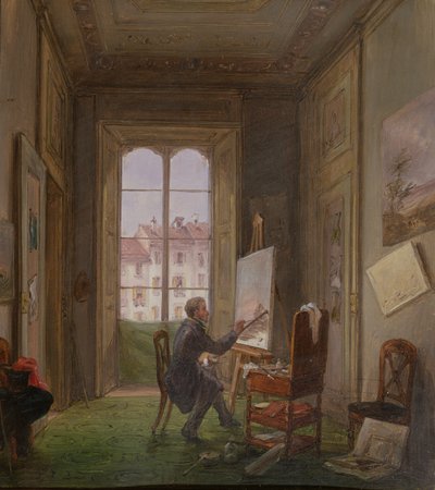 El pintor Giuseppe Canella trabajando en un lienzo en su estudio, c.1830 de Carlo Canella