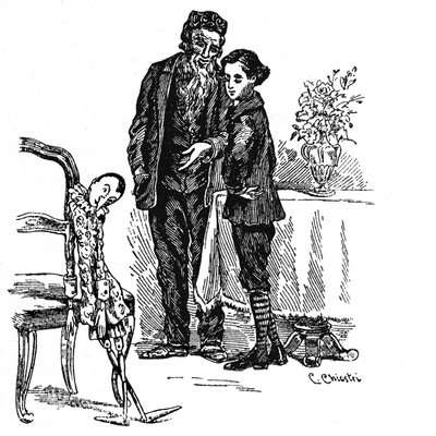 Ilustración de Pinocho por Carlo Chiostri (1863-1939), uno de los primeros ilustradores italianos de la obra de Collodi. Pinocho, convertido por fin en un niño de verdad, mira con Geppettto la marioneta de madera que fue. de Carlo Chiostri