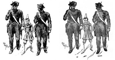 Pinocho, de Carlo Chiostri (1863-1939), uno de los primeros ilustradores italianos de la obra de Collodi (Carlo Lorenzini). Dos gendarmes se llevan la marioneta de madera. La imagen de la izquierda es el dibujo original de Chiostri, la de la derecha es el  de Carlo Chiostri