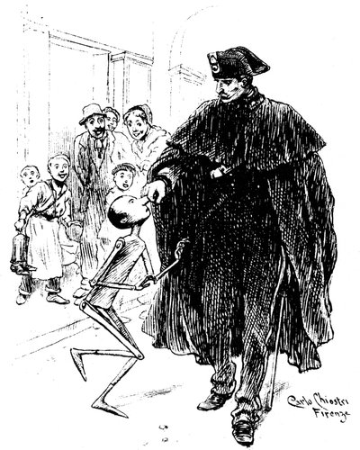 Pinocho, de Carlo Chiostri (1863-1939), uno de los primeros ilustradores italianos de la obra de Collodi (Carlo Lorenzini). Un policía agarra a la marioneta de madera por la nariz, tiene la gran alegría de la enamorada. Este dibujo original de Chiostri se  de Carlo Chiostri