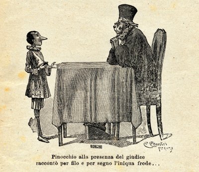 Pinocho frente al juez. Ilustración de Carlo Chiostri (1863-1839) para la novela "" Las aventuras de Pinocho "" de Carlo Lorenzini o Carlo Collodi (1826-1890) 1924. de Carlo Chiostri