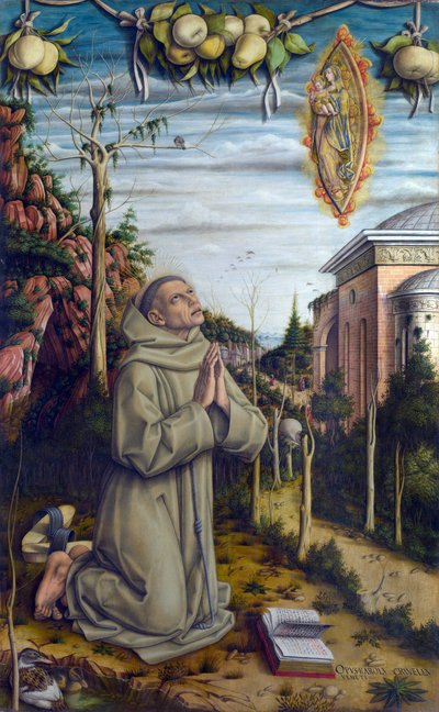La visión del Beato Gabriel - Gabriele Ferretti (1385-1456), franciscano italiano ve aparecer a la Virgen María y al niño Jesús - Pintura de Carlo Crivelli (alrededor de 1435-alrededor de 1495), témpera sobre madera (141x87 cm) de Carlo Crivelli