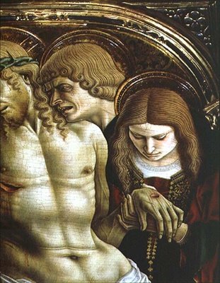 Lamentación de Cristo muerto, detalle de San Juan Evangelista y María Magdalena de Carlo Crivelli
