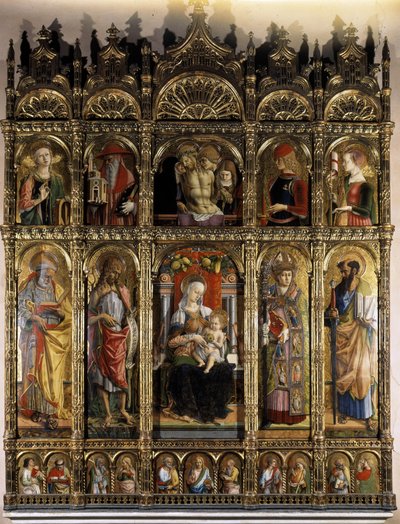 Políptico mostrando una Piedad, y en la parte inferior una Madonna con Niño de Carlo Crivelli