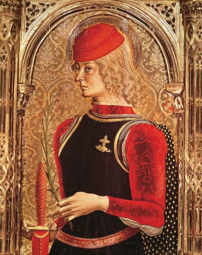 Representación de San Jorge, detalle del Retablo, de Carlo Crivelli (hacia 1430-1493 aproximadamente). Capilla del Sacramento, Catedral de Ascoli Piceno, Marcas. de Carlo Crivelli