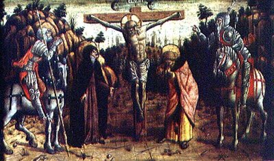 La crucifixión, panel predela central izquierdo del políptico de San Silvestro de Carlo Crivelli