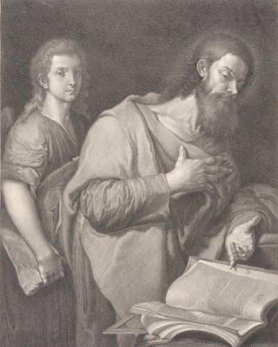 San Mateo, de pie ante un libro a la derecha con una mano en el pecho, otro hombre detrás, 1750-1784 de Carlo Faucci