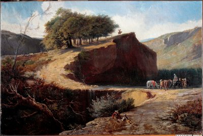 Cazadores en un paisaje italiano (óleo sobre lienzo) de Carlo Felice Biscarra