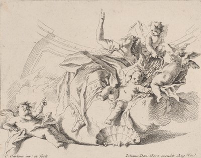 Riqueza, representada por una mujer sentada en las nubes y rodeada de putti de Carlo Innocenzo Carloni