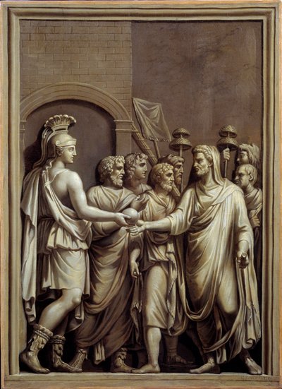 Antigua Roma: guerrero y hombre en toga intercambiando una esfera. Pintura de Carlo Labruzzi (1748-1818) después de un bajo relieve romano. Brest, Museo de Bellas Artes de Carlo Labruzzi