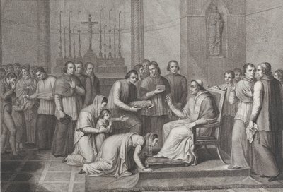 Una mujer se arrodilla para besar el pie del Papa Pío VII, con una multitud detrás de ella a la izquierda, 1814-50 de Carlo Lasinio