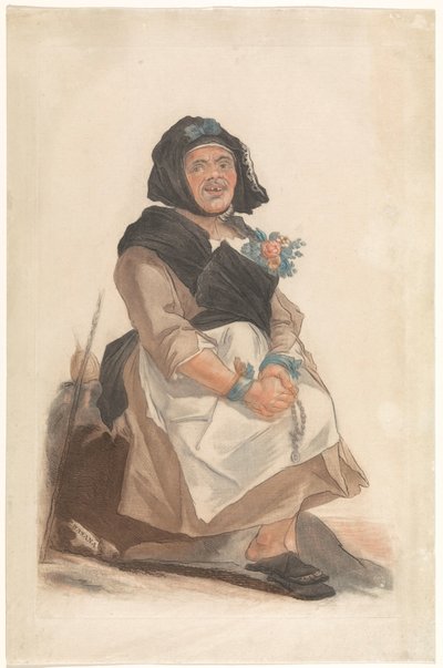 Als vrouw verklede man met rozenkrans, zittend
Basana (título en el objeto)
Retratos de personajes caraduras que sirven para divertir al público florentino (título de la serie) de Carlo Lasinio