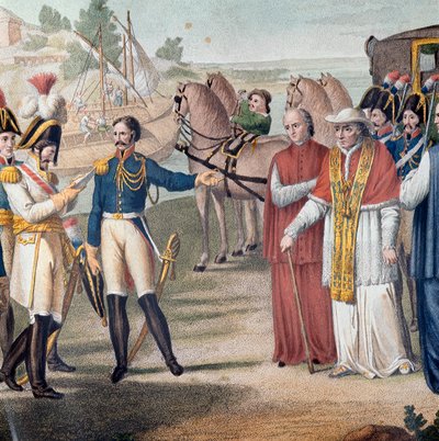 El Papa Pío VII (1742-1823) fue arrestado a su regreso a Italia por el ejército austro-napolitano cerca de Parma el 25 de marzo de 1814 - Grabado de Carlo Lasinio (1759-1838) - Litografía en color de Carlo Lasinio