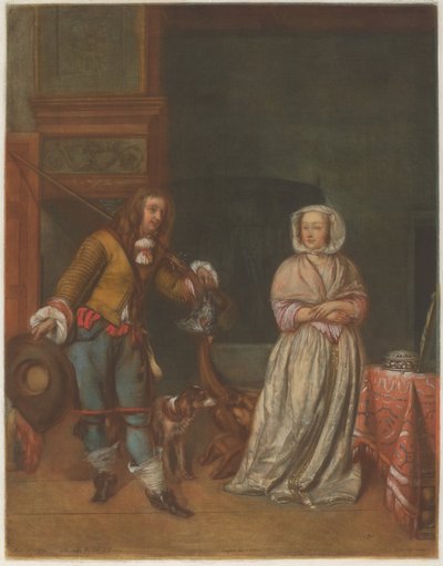 Cazador visitando a una dama de Carlo Lasinio after Gabriel Metsu