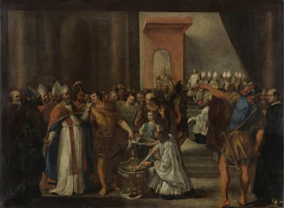 El emperador Constantino quemando libros arrianos, 1640s de Carlo Magnone
