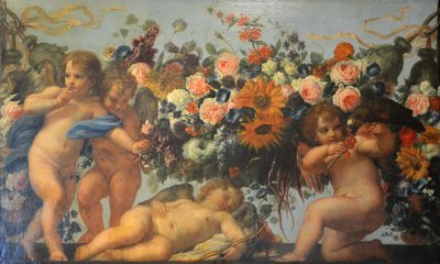 En francés:  Amour et guirlande de fleurs avec perroquet Cupidos y guirnaldas de flores con un loro de Carlo Maratta
