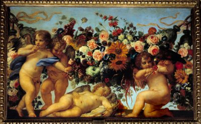 Amor y guirnaldas de flores. Un ángel da bayas a un pájaro mientras otro hace el gesto de guardar silencio para no despertar a un tercer ángel dormido de Carlo Maratta or Maratti