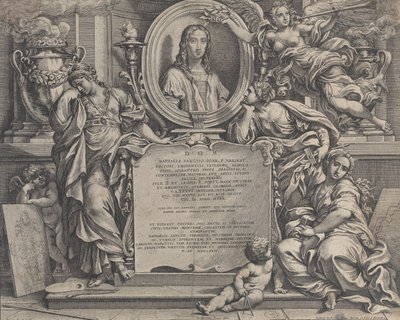 Frontispicio con retrato ovalado de Rafael, con tres figuras alegóricas de las Artes, 1675 de Carlo Maratti