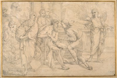 Tobías curando la ceguera de Tobit con la hiel del pez de Carlo Maratti