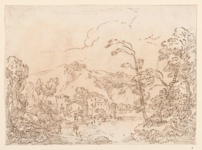 Dibujo, Una aldea junto a un arroyo en un país montañoso, 1770-86 de Carlo Marchionni