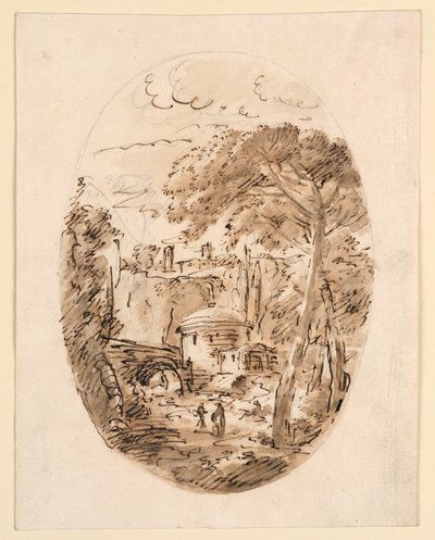 Dibujo, Paisaje con jinete y puente, 1750-1786 de Carlo Marchionni