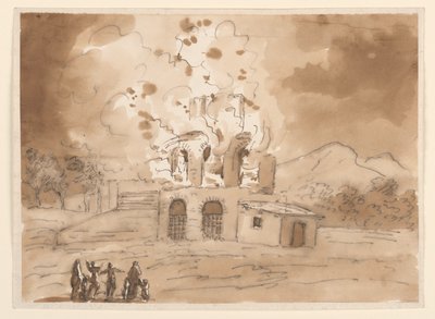 Dibujo, Paisaje con una torre en llamas, hacia 1780 de Carlo Marchionni