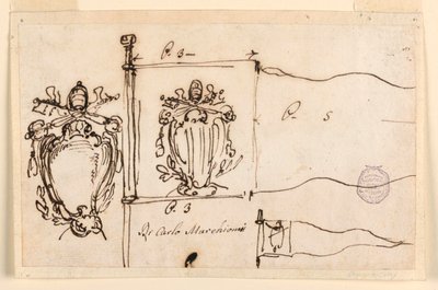 Dibujo, Tres bocetos para un estandarte del Papa Benedicto XIV, 1740-58 de Carlo Marchionni