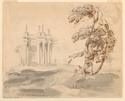 Dibujo, Árbol en paisaje con edificio, 1756-78 de Carlo Marchionni