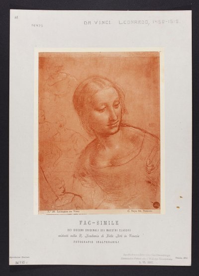 Studie eines weiblichen Büstenbildes, Zeichnung von Leonardo da Vinci (1452-1519) aus der Sammlung der R. Accademia di Belle Arti in Venedig; Tafel aus der Mappe: "Fac-simile dei disegni originali dei maestri classici esistenti nella R. Academia di Belle A de Carlo Naya